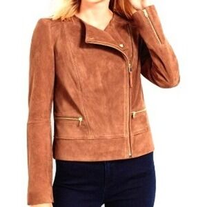 TALBOTS Women's 12 Brown Goat Suede Leather Asymmetrical Zip Pockets Moto Jacket